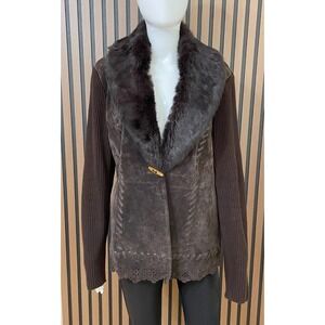 Nygard Women's L Brown Basic Suede Leather Jacket Faux Fur Boho 90s  Knitted
